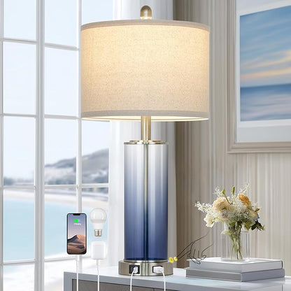 26 Inch Coastal Glass Table Lamp Single, 3-Way Dimmable Touch Control Bedroom Lamp with USB C+A Ports & AC Outlet, Modern Lamp for Living Room End Table, Nautical Bedside Lamp for Night stand, Blue