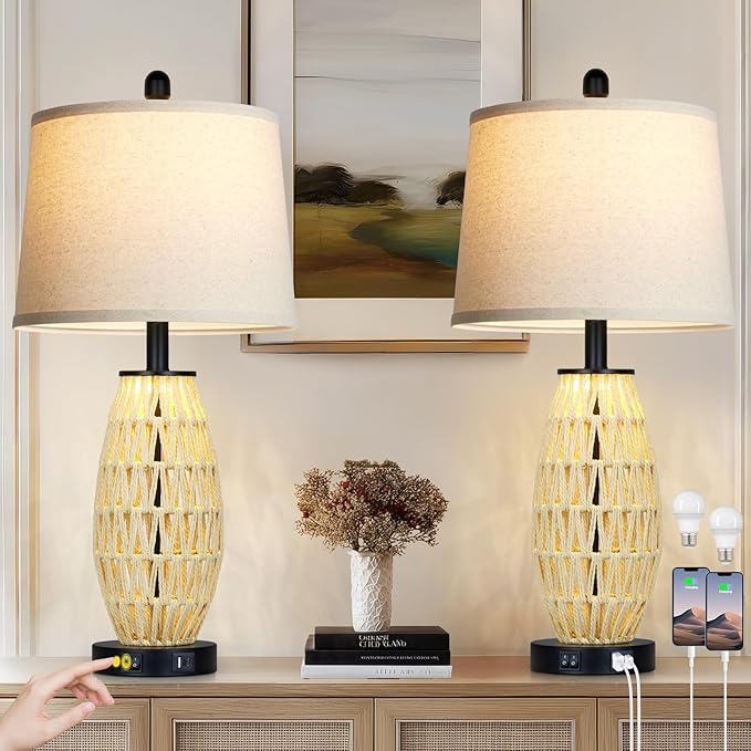 UXEFLOW 27" Beige Rattan Lamps with Night Light, Coastal Bedside Table Lamps Set of 2, Woven Wicker Bedroom Nightstand Lamp with USB A+C Charging Port & AC Outlet, Tall Farmhouse Lamp for Living Room