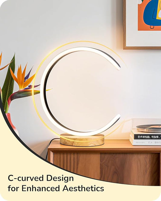 EDISHINE LED Table Lamp, C-Shaped Modern Lamps for Nightstand with 3 Color Temperature & Dimming, Upgraded Switch, Silicone Lampshade & Solid Wood Base, Bedside Lamp for Living Room, Bedroom, Black