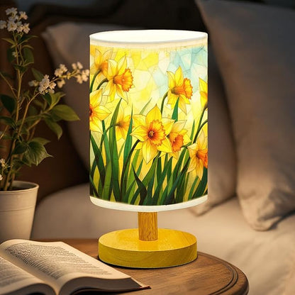 Daffodil Table Lamp LED 3-Color Pressed Bedside, Daffodil Shade Lamp with Wood Base for Bedroom Living Room Desk Office