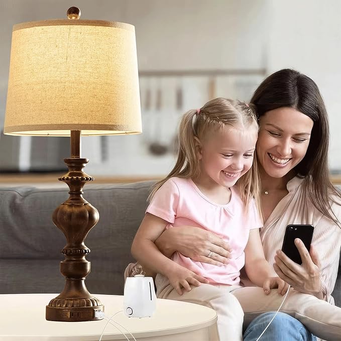27.5" Farmhouse Table Lamps Set of 2 Bedside Nightstand Lamp with USB C+A Ports & AC Outlet, 3 Way Dimmable Lamps for Bedroom Living Room Office Rustic Lamp (Rotary Switch-Copper)