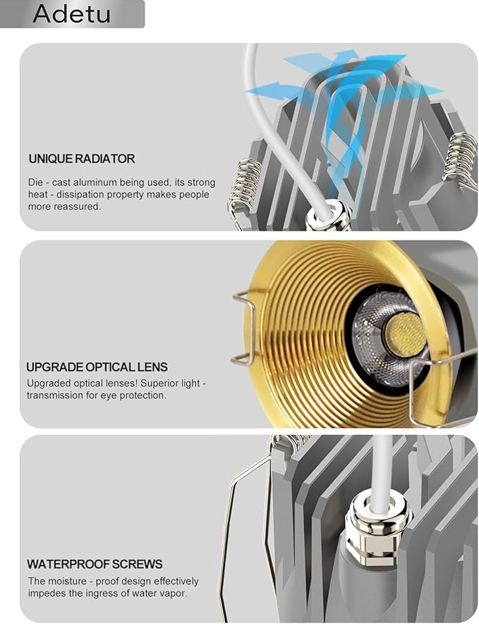 Adetu 2 Inch 5CCT White LED Recessed Ceiling Light with Junction Box, 2700K/3000K/4000K/5000K Selectable, CRI90, 8W COB, 780LM, Dimmable Canless IP65 Waterproof Downlight-ETL&FCC (Gold, 1 Pack)