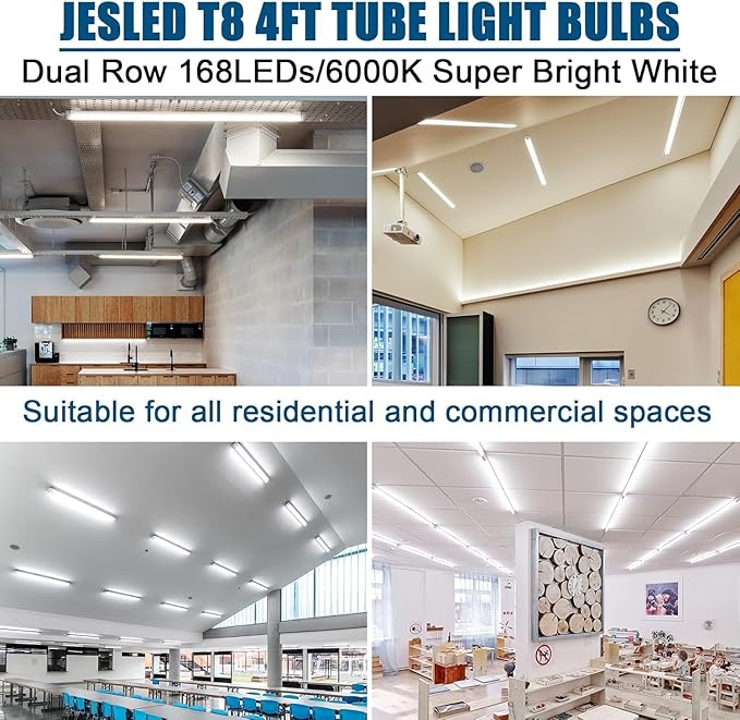JESLED 4FT LED T8 Type A+B Tube Lights, 24W(65W Equiv.), 3200LM, 6000K, Single or Double End Powered, Plug and Play or Ballast Bypass, 4 Foot T10 T12 Fluorescent Bulbs Replacement, Frosted(25-Pack)