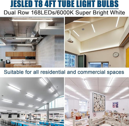 JESLED 4FT LED T8 Type A+B Tube Lights, 24W(65W Equiv.), 3200LM, 6000K, Single or Double End Powered, Plug and Play or Ballast Bypass, 4 Foot T10 T12 Fluorescent Bulbs Replacement, Frosted(25-Pack)