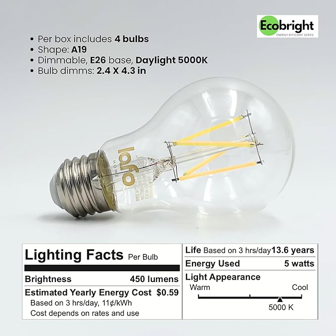 EcoBright 8PK Dimmable A19 LED Filament Bulb 40W Equivalent 5W E26 Base 450 Lumens CRI90 Flicker Free Clear Glass Energy Star Title 20 Daylight 5000K for Lamps Ceiling Fixtures and Indoor Use