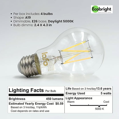 EcoBright 8PK Dimmable A19 LED Filament Bulb 40W Equivalent 5W E26 Base 450 Lumens CRI90 Flicker Free Clear Glass Energy Star Title 20 Daylight 5000K for Lamps Ceiling Fixtures and Indoor Use