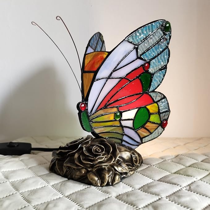 Bedside Tiffany Table Lamp LED Blue Red Butterfly Stained Glass Nightstand Table Lamps ON Off Switch Home Office Desk Lamp Night Light Girl Grandma Mothers Day Gifts W/Gift Box
