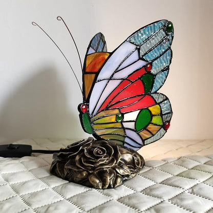 Bedside Tiffany Table Lamp LED Blue Red Butterfly Stained Glass Nightstand Table Lamps ON Off Switch Home Office Desk Lamp Night Light Girl Grandma Mothers Day Gifts W/Gift Box