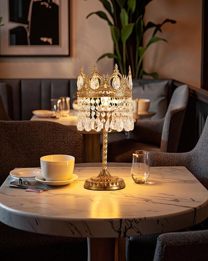 Vintage Gold Crown Shape Crystal Table Lamp for Living Room, Small Bedside Nightstand Lamp for Bedroom, Decorative Farmhouse Table Lamp Desk Lamp for Kitchen Dining Room Home Office