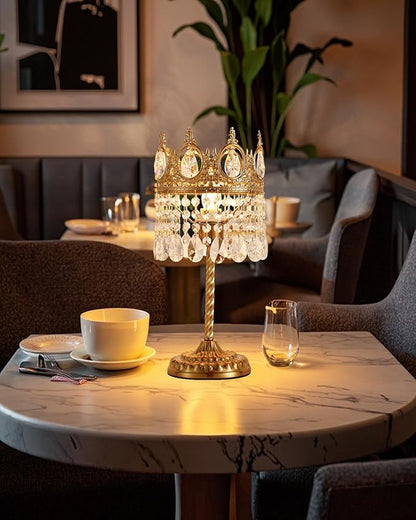 Vintage Gold Crown Shape Crystal Table Lamp for Living Room, Small Bedside Nightstand Lamp for Bedroom, Decorative Farmhouse Table Lamp Desk Lamp for Kitchen Dining Room Home Office