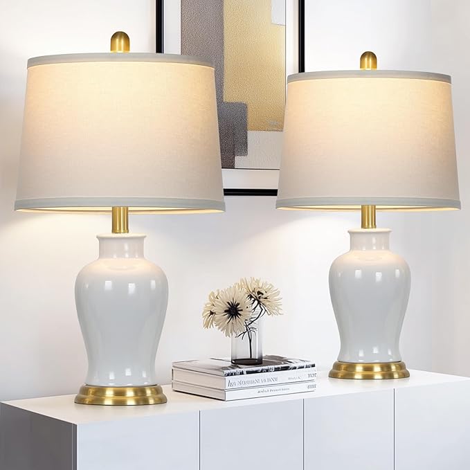 Modern Ceramic Table Lamps Set of 2, 23" White Ceramic Lamps for Living Room, Rustic Farmhouse Bedside Lamp with Ginger Jar Design, Elegant Bedroom Lamp for Nightstand Desk Side End Table Home Decor