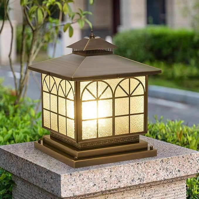 All Copper Steel Glass Outdoor Post Lights, Waterproof Pillar Light, Vintage Patio Lawn Column Lamp,Outdoor Column Lights,Deck Lights, Lantern Fence Lamp Fixture E26 Base (Arch Glass, 12X12IN)