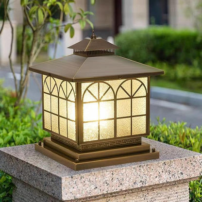 All Copper Steel Glass Outdoor Post Lights, Waterproof Pillar Light, Vintage Patio Lawn Column Lamp,Outdoor Column Lights,Deck Lights, Lantern Fence Lamp Fixture E26 Base (Arch Glass, 12X12IN)