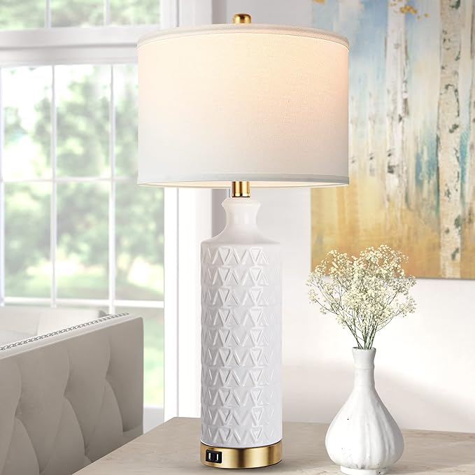Touch Control Table Lamp Set of 2, Modern Contemporary Ceramic Bedside Lamps with 2 USB Ports, 3-Way Dimmable Nightstand Lamp with White Fabric Shade for Living Room, Bedroom (LED Bulbs Included)