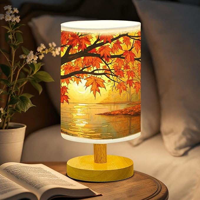 Sugar Maple Trees Table Lamp LED 3-Color Pressed Bedside, Sugar Maple Trees Shade Lamp with Wood Base for Bedroom Living Room Desk Office