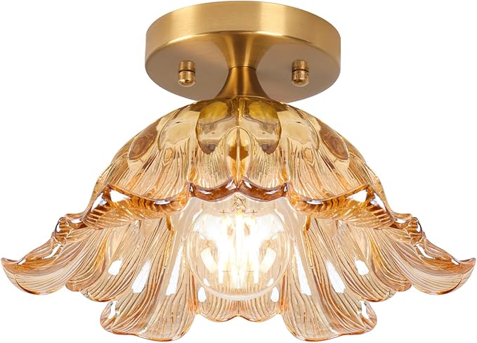 Semi Flush Mount Ceiling Light, Vintage Ceiling Light E26,Amber Shade Glass Hallway Light Fixture for Kitchen Porch Bedroom,Bulb Included 3000K