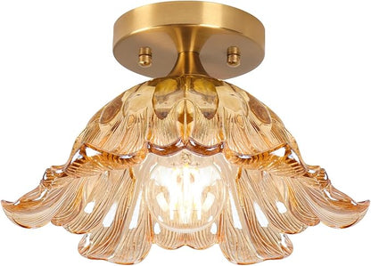 Semi Flush Mount Ceiling Light, Vintage Ceiling Light E26,Amber Shade Glass Hallway Light Fixture for Kitchen Porch Bedroom,Bulb Included 3000K