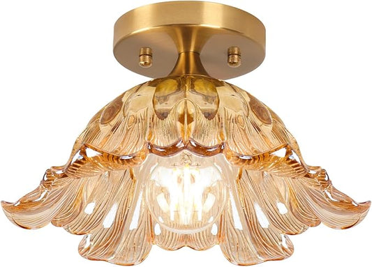 Semi Flush Mount Ceiling Light, Vintage Ceiling Light E26,Amber Shade Glass Hallway Light Fixture for Kitchen Porch Bedroom,Bulb Included 3000K