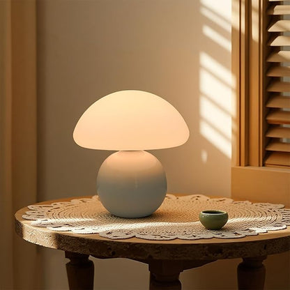 Cute Small Mushroom Lamp, PE Lampshade, Ceramic Spherical Base, Adjustable Light Color and Brightness, Safe USB Powered, Energy-Saving LED Mushroom Light for Bedroom Living Room (White)
