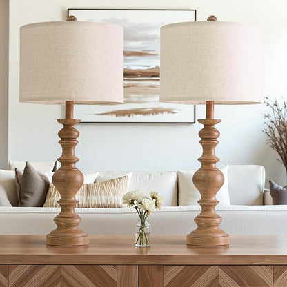 BOBOMOMO 27" Light Brown Table Lamps Set of 2, Large Farmhouse Resin Lamps with Linen Shades, Rustic Vintage Lamps for Living Room, Bedroom, Console Table or Entryway Home Lighting