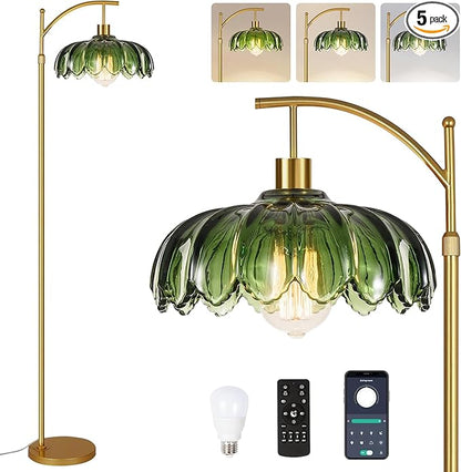Gold Floor Lamp for Living Room Bedroom with Remote,Unique Vintage Standing Tall Lamp,Mid Century Modern Floor Lamps with Dimmable Bulb,Arc Green Glass Floor Lamps for Office Corner
