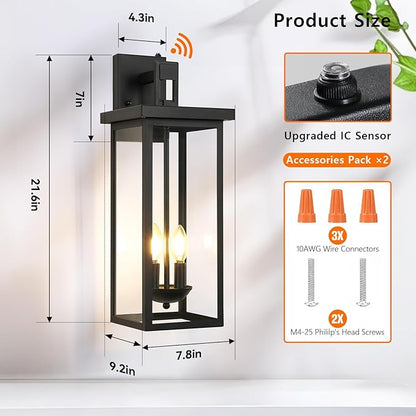 tewei 22 Inch Large Outdoor Wall Lights, Dusk to Dawn Exterior Lighting Fixtures Black Modern Porch Light Outdoor Wall Lantern Sconce Lights for House Garage with Clear Glass Shade, E12 Base, 2 Pack