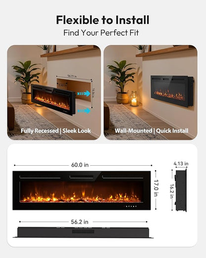 EUHOMY 60 Inch Electric Fireplace Recessed Wall Mounted with Remote Control, Fireplace Heater with Adjustable Flame Color, Linear Fireplace with Timer, Log & Crystal, 750/1500W (2026 Upgrade)