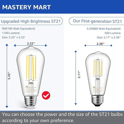 MASTERY MART 120 Pack 100 Watt Led Bulb, Edison Bulbs Dimmable Light Bulbs E26, 5000K Cool White Bright 9W 1100LM, ST21/ST64 Vintage Light Bulbs, UL Listed, Clear Glass, Decorative Light Bulb