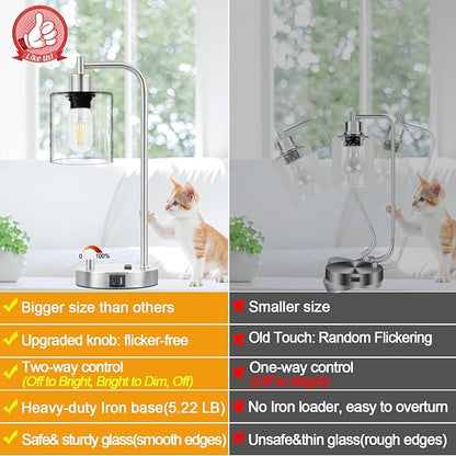 Set of 2 Industrial Table Lamps with USB C+A Ports and Outlet, Brushed Nickle Fully Stepless Dimmable Bedside Lamps, Nightstand Lamp with Clear Glass Shade for Bedroom Living Room 2 LED Bulb Included