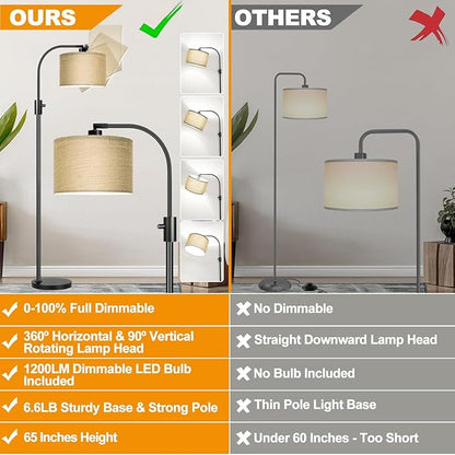 【Upgraded】 Dimmable Matte Black Floor Lamp, 1201 Lumens LED Bulb Included, Arc Floor Lamps for Living Room Modern Standing Lamp with Champagne Linen Shade, Tall Lamp for Living Room Bedroom Office