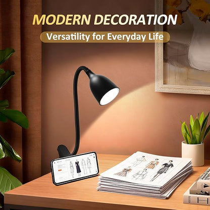 Desk Lamp for Home Office - Clip on Reading Light and Bed Headboard Clamp Lamp, Bedside Gooseneck Table Lamp, Clip on Desk Lamps, Eye-Caring Desk Lamp for College Dorm Room Study Lamp, Black