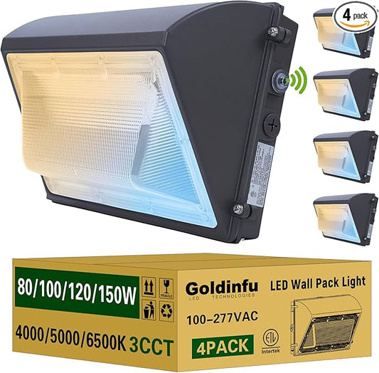 150W LED Wall Pack Light with Photocell 4Pack, 4000/5000/6500K 3CCT, 80/100/120/150W Selectable, Commercial Security Lighting Outdoor LED Wall Lights for Parking Lot Warehouse Barn 100-277V ETL Listed