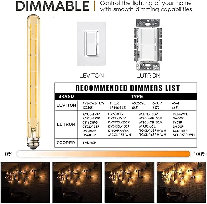 Leools T300 Led Long Bulbs,12W Dimmable Tubular Bulb,100 Watt Equivalent,E26 Edison Style Vintage LED Filament Light Bulb,Amber Glass,2700K Warm White,11.8inch(300mm) Tall T10 Light Bulbs,4-Pack.