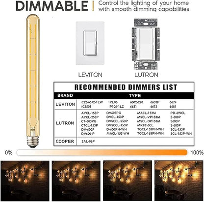 Leools T300 Led Long Bulbs,12W Dimmable Tubular Bulb,100 Watt Equivalent,E26 Edison Style Vintage LED Filament Light Bulb,Amber Glass,2700K Warm White,11.8inch(300mm) Tall T10 Light Bulbs,4-Pack.