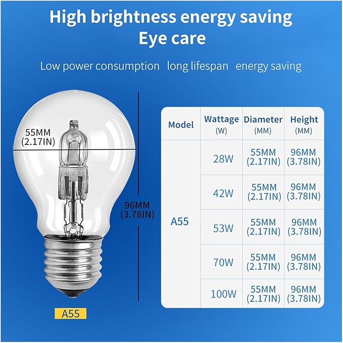 10pcs A55 E27 Halogen Lamp 220V 28W 42W 53W 70W 100W 96 * 55mm 2700K Halogen Bulb Clear Replacement Fit for Incandescent Lamp(100W)