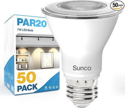 Sunco 50 Pack PAR20 LED Bulbs, Flood Light Bulb Outdoor, 500 LM, 7W (50W Equivalent), 5000K Daylight, E26 Medium Base, Dimmable, Track Lighting for Indoor/Outdoor Use, Wet Rated UL.