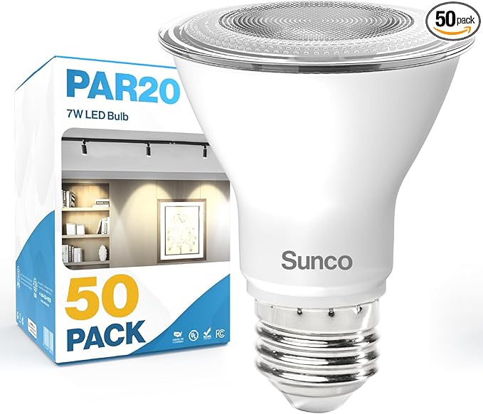 Sunco 50 Pack PAR20 LED Bulbs, Flood Light Bulb Outdoor, 500 LM, 7W (50W Equivalent), 2700K Soft White, E26 Medium Base, Dimmable, Track Lighting for Indoor/Outdoor Use, Wet Rated UL.