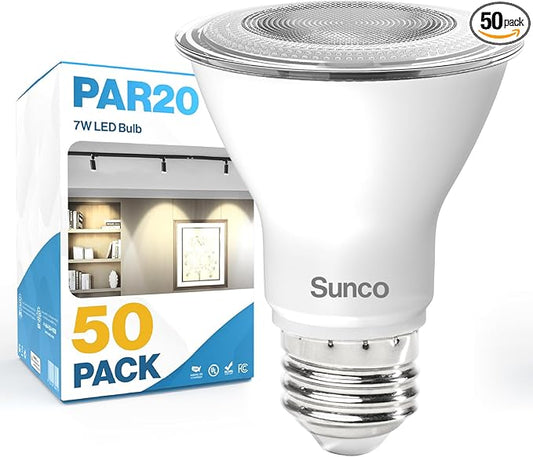 Sunco 50 Pack PAR20 LED Bulbs, Flood Light Bulb Outdoor, 500 LM, 7W (50W Equivalent), 4000K Cool White, E26 Medium Base, Dimmable, Track Lighting for Indoor/Outdoor Use, Wet Rated UL