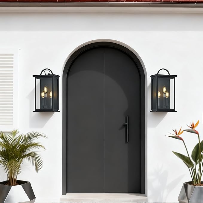 Outdoor Wall Light Fixture,3 -Light in Black Rectangular Metal Frame and Clear Glass Shade,Waterproof Exterior Sconce for Front Door, Porch, Garage,Bulbs Not Included