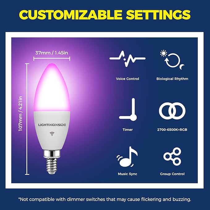 Lightinginside E12 Smart Light Bulbs 60W Equiv., Work with Alexa/Google Home/Smart Life, 500LM 6W RGBCW Candle Candelabra LED Light Bulbs, No Hub Required, 2.4G WiFi Bluetooth Bulb, ETL Listed, 4PCS