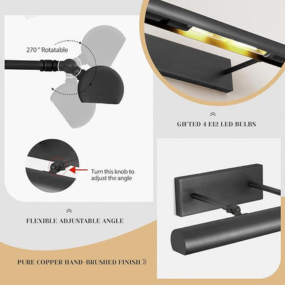 Matte Black Picture Lights for Wall, 30" Linear Picture Light Hardwired, 4-Light Bronze Art Light, Dimmable Gallery Light for Paintings, Warm White 270° Picture Frame Lights for Bathroom, Living Room