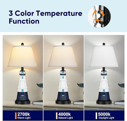 WIHTU Modern Lighthouse Table Lamps Set of 2, White Navy Blue Bedside Nautical Table Lamp, Nautical Style Resin Reading Lights for Bedroom Livingroom, Bulbs Included