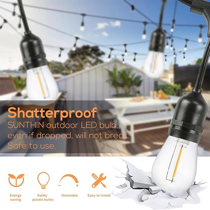 SUNTHIN 50 Pack Dimmable 1W S14 Replacement LED Bulbs, 2700K Warm White Waterproof Outdoor String Lights Vintage LED Filament Bulb, Shatterproof E26 Screw Base Edison Light Bulbs