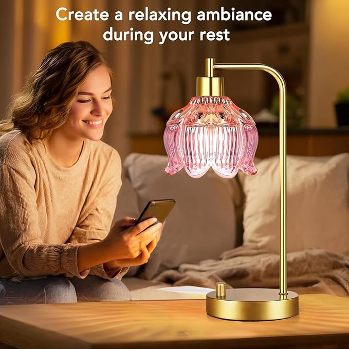 Pink Table Lamp Set of 2,Small Gold Bedside Lamps Dimmable Boho Bedroom Lamp with Flower Glass Lamp Shade,Vintage Mid Century Modern Mini Nightstand Lamp for Girls Kids Bedroom Living Room