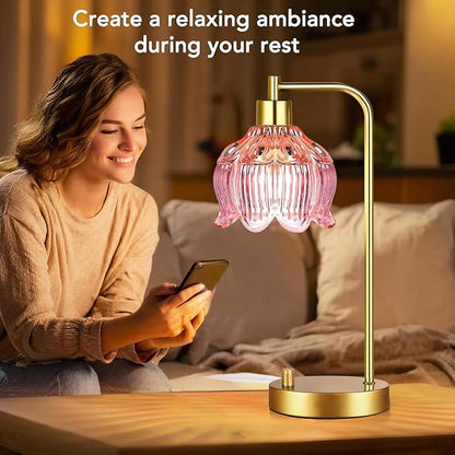 Pink Table Lamp Set of 2,Small Gold Bedside Lamps Dimmable Boho Bedroom Lamp with Flower Glass Lamp Shade,Vintage Mid Century Modern Mini Nightstand Lamp for Girls Kids Bedroom Living Room