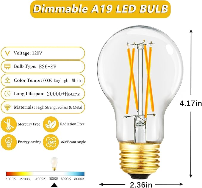 A19 Vintage LED Edison Light Bulbs 75 Watt, E26 Dimmable LED Filament Light Bulbs, Daylight White 5000K,8W Equal 75W Incandescent Bulbs,850LM, AC120V, A19 LED Bulb with 90 CRI,COCODI-6Pack (8W-5000K)