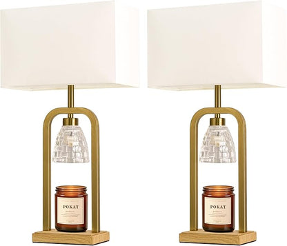PoKat Gold Table Lamps for Bedroom with Candle Warmer & Timer, Mid Century Modern Bedroom Lamps for Living Room Night Stands, Bedside Lamps for End Table, Dinning, Bathroom, Bulbs Included