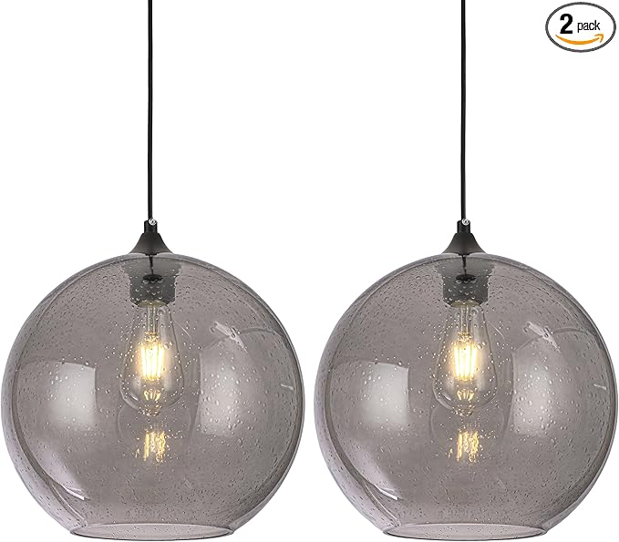 Grey Glass Pendant Lights Kitchen Island Lighting Modern Globe Pendant Light Fixtures Modern Pendant Lights for Kitchen Island Bedroom Living Dining Room Light Fixture-11.8inch 2Pack