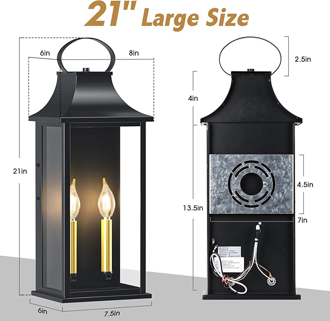 21" Large Outdoor Wall Lights 2 Packs, Black Exterior Lighting Fixtures Outdoor Sconce Light with E12 Base, 2-Light Outdoor Lanterns for Porch, Waterproof Outside Lights for House, Garage, Patio