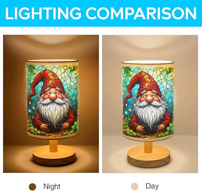 Gnome Table Lamp LED 3-Color Pressed Bedside, Gnome Shade Lamp with Wood Base for Bedroom Living Room Desk Office TL01